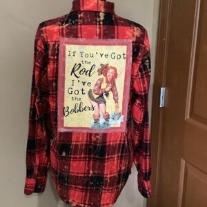 Angry Minnow Woman’s Small Red Plaid Flannel Shirt with Graphic FishingnnPatch